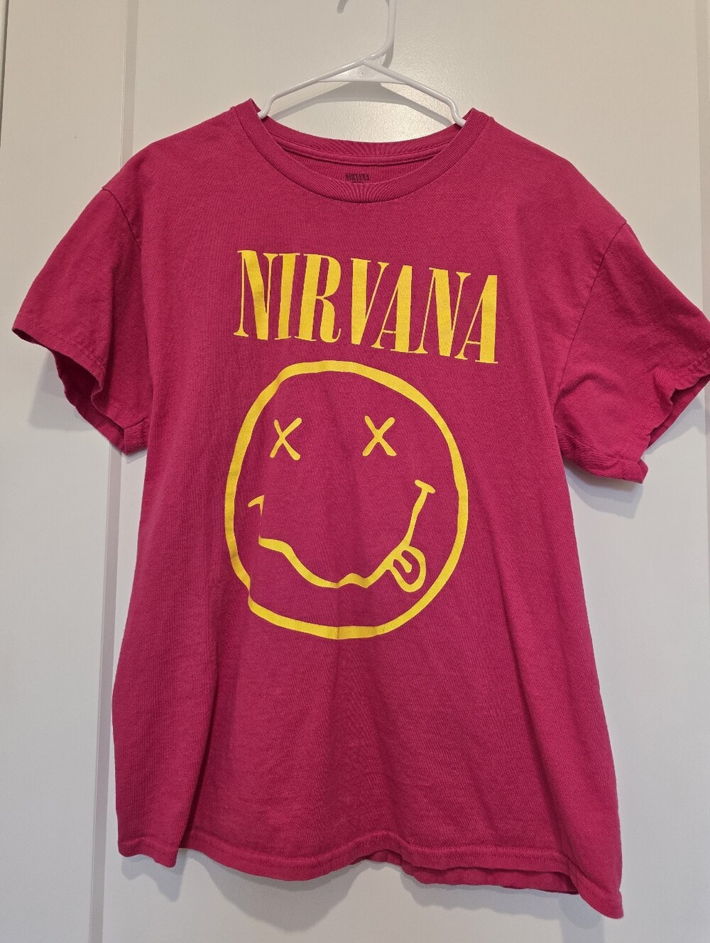 NIRVANA Hot Pink Band Tee with Yellow Smiley Logo